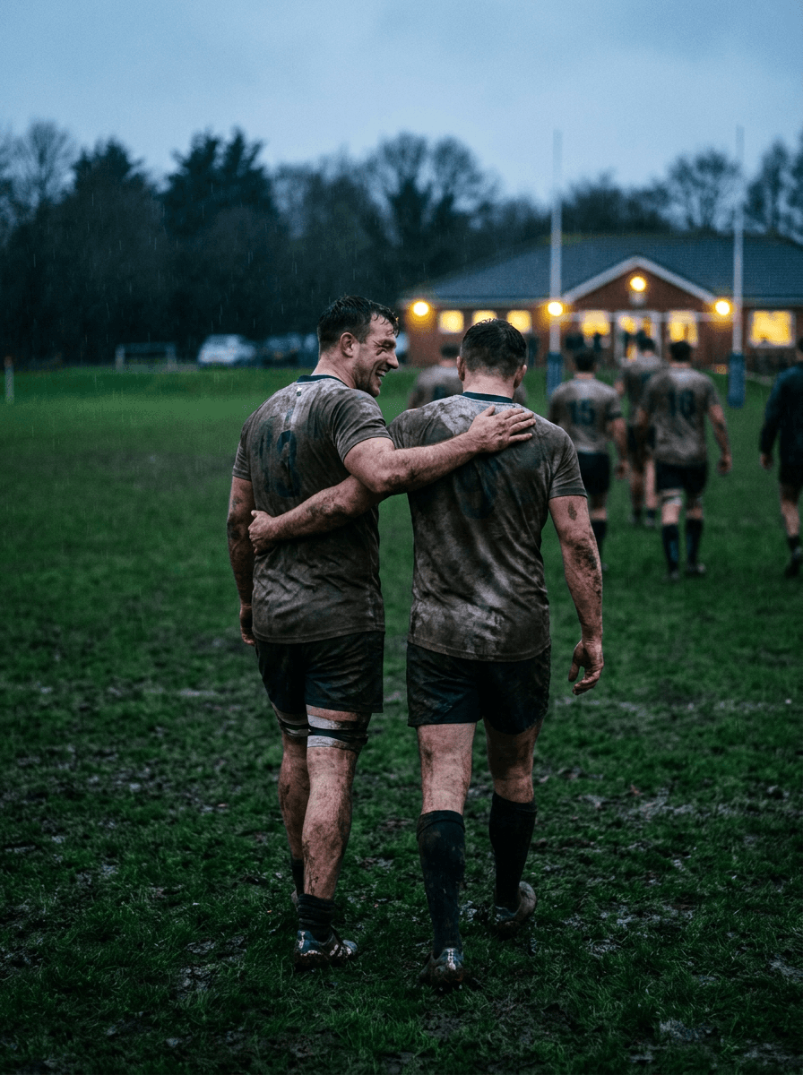 Two muddy teammates walking off the pitch arm in arm in the rain, heading towards a lit clubhouse