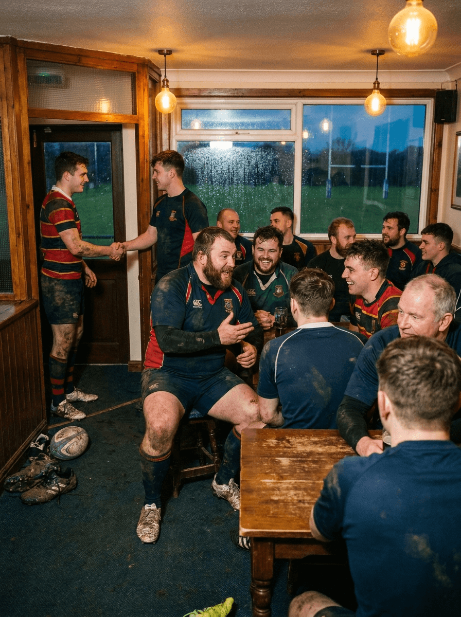 Players and supporters laughing together in a clubhouse after a match, still muddy from the pitch