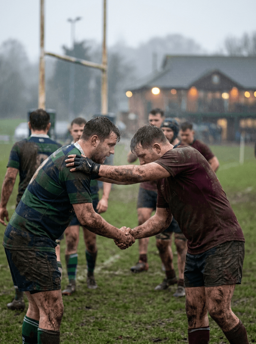 Two players from opposing clubs shaking hands in the rain after a match, the clubhouse lit behind them